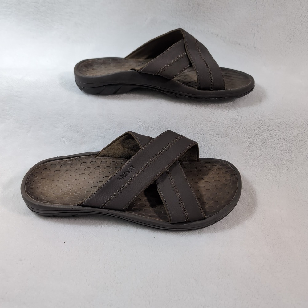 Vionic Bryce Adam‎ Sandals Mens 10 Brown Cross Strap Orthaheel Slides TVM4007